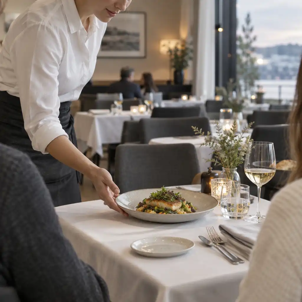An anonymous server placing a dish at a restaurant table while the dining room remains visible behind them.