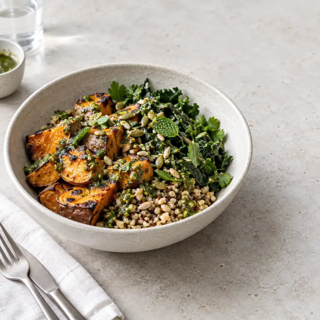 Charred kūmara bowl with grains, greens, herb dressing and toasted seeds