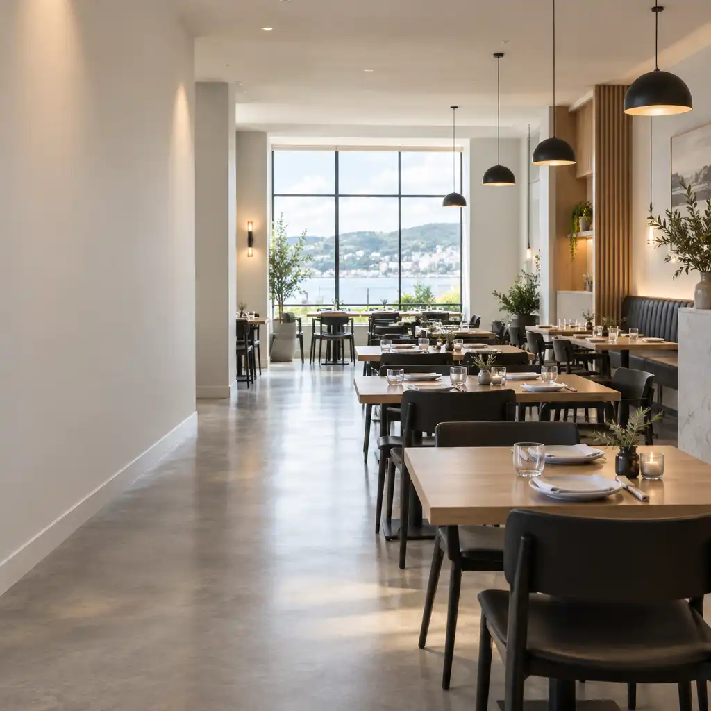 View across neatly arranged dining tables in the light-filled Bites and Bowl dining room