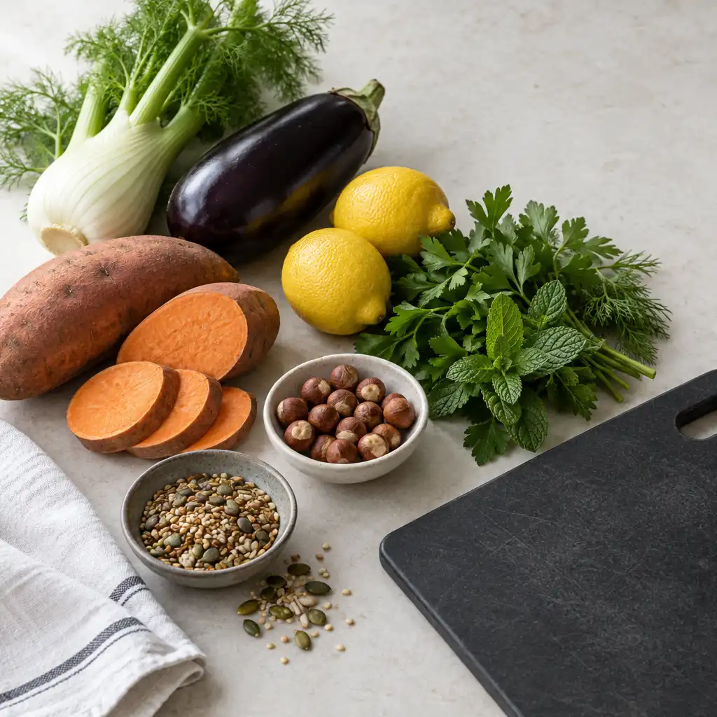 Kūmara, fennel, eggplant, lemons, herbs, toasted seeds and hazelnuts arranged for kitchen preparation