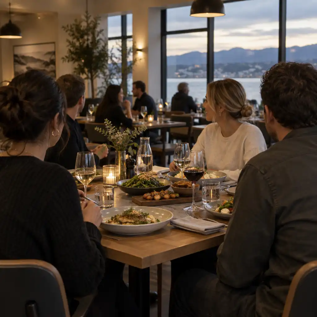 An anonymous shared restaurant table with dishes and glassware in early evening light.