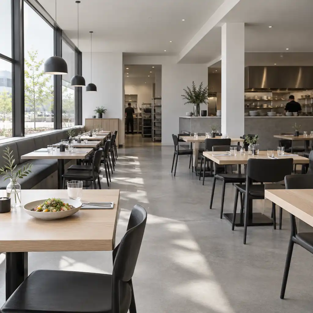 A wide view across the Bites & Bowl dining room showing tables, chairs and open circulation.