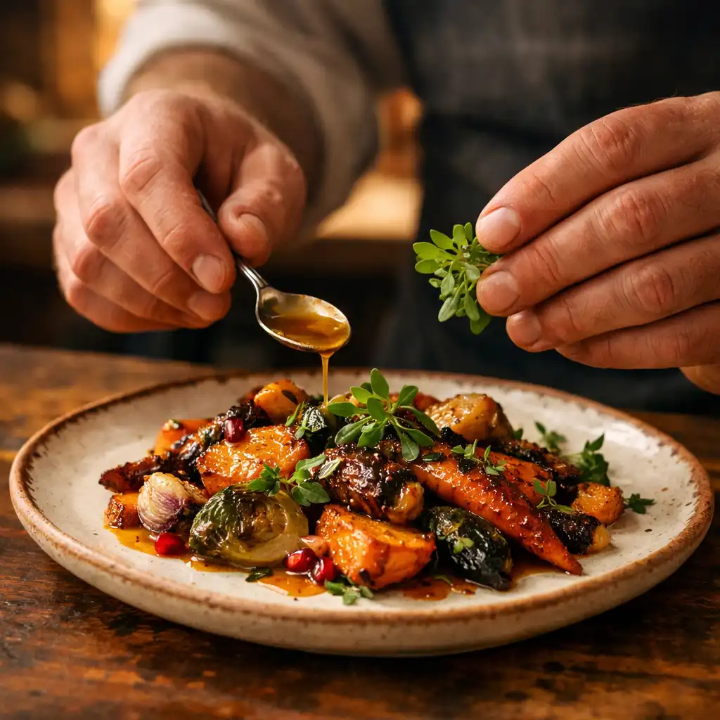 Chef plating a seasonal dish in the Bites & Bowl kitchen