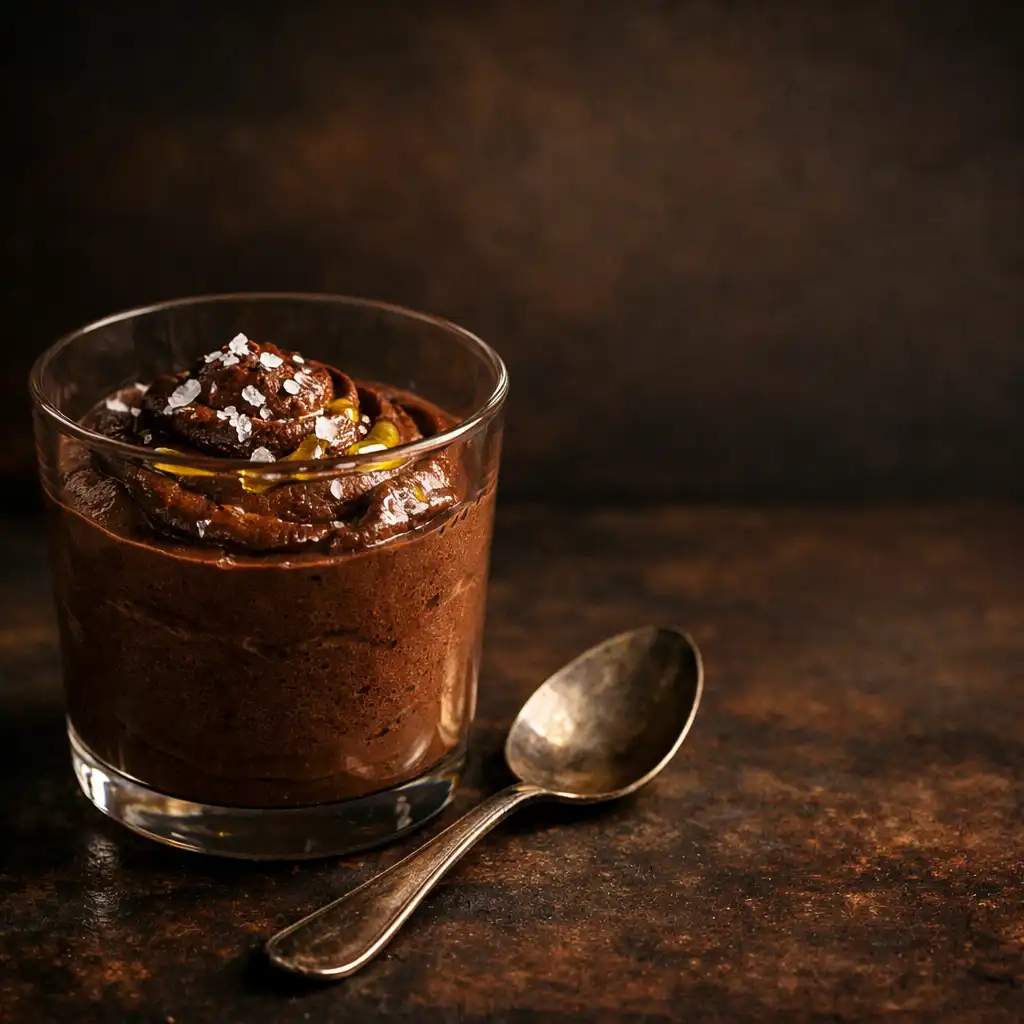 A dark chocolate mousse in a small glass topped with flaky sea salt and olive oil