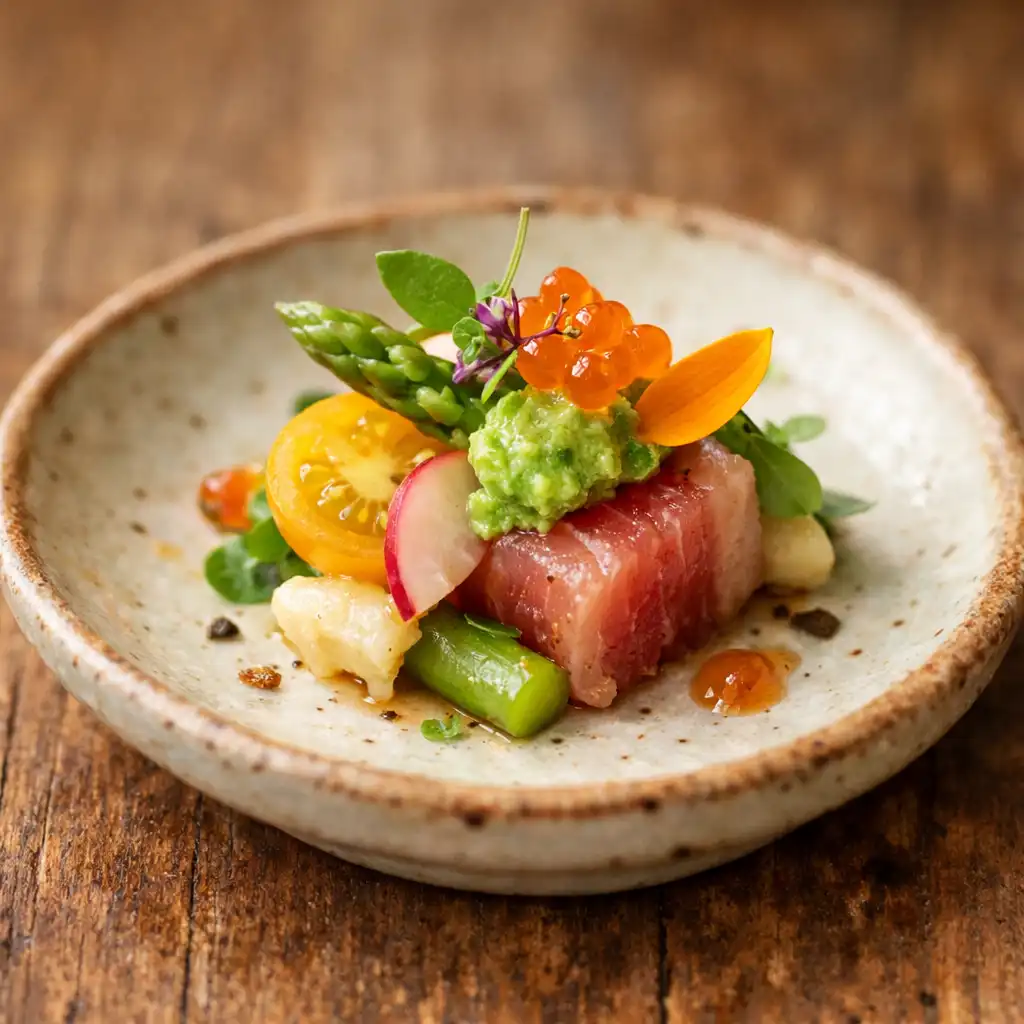 A delicate small bite dish with seasonal ingredients on a small ceramic plate