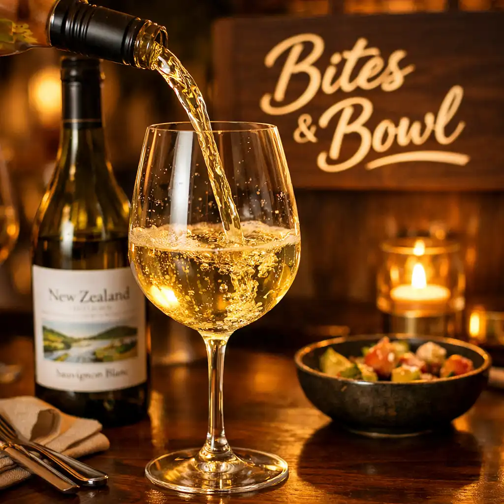 A glass of New Zealand wine being poured with a bottle in the background