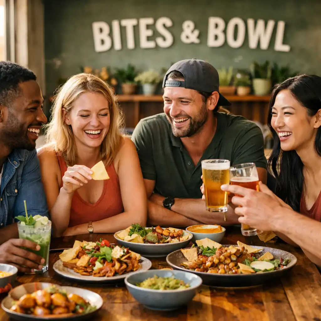 A group of friends enjoying a meal together at a long wooden table with shared plates and drinks