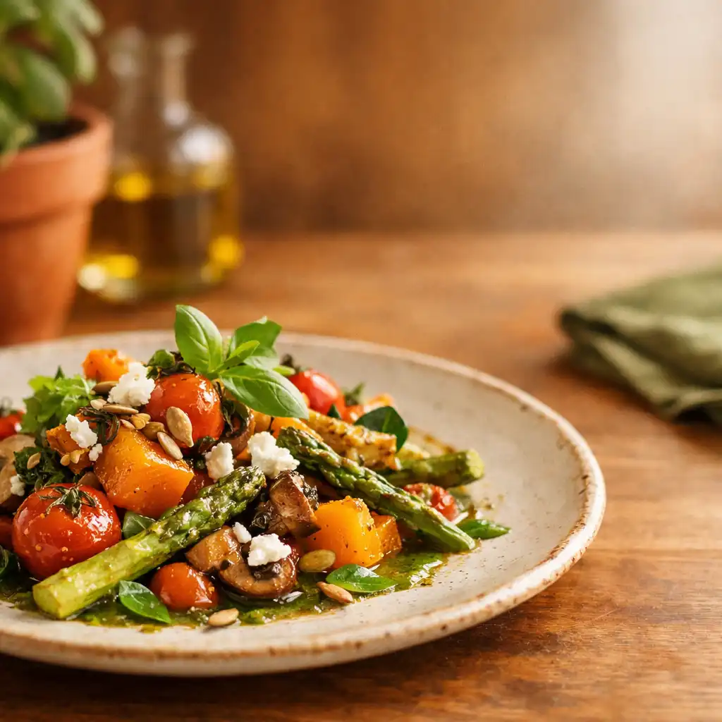 A beautifully plated seasonal dish at Bites & Bowl with vibrant vegetables and herbs on a ceramic plate
