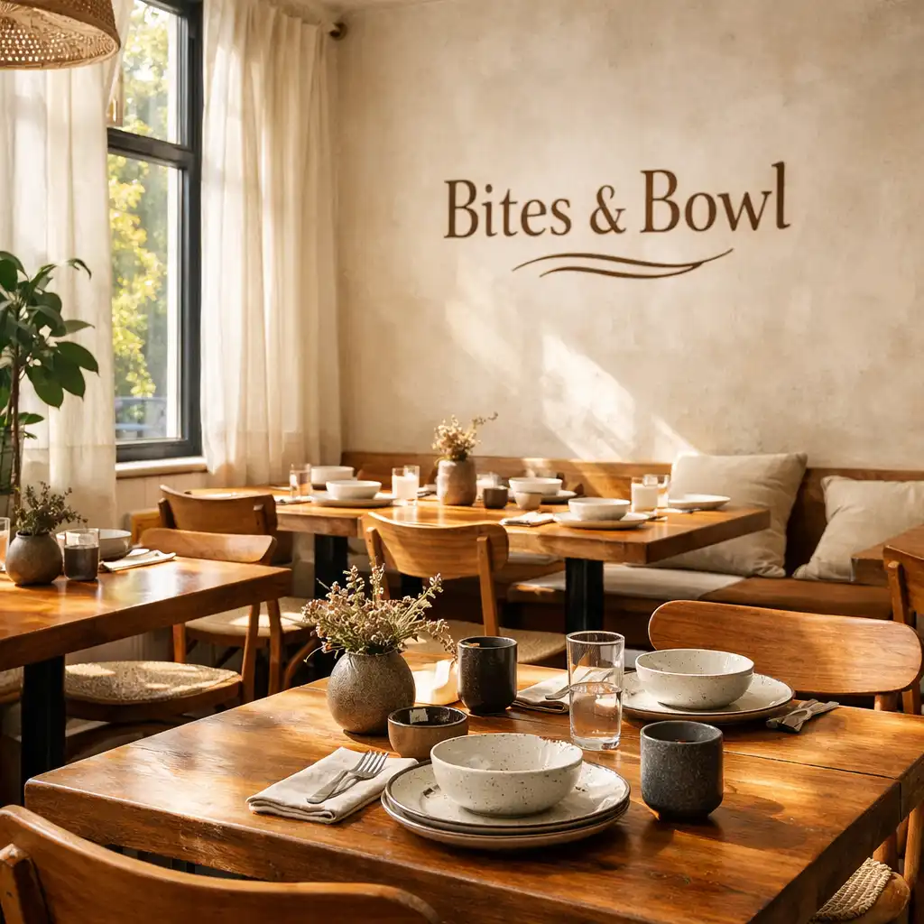 The Bites & Bowl dining room with warm timber tables, ceramic tableware, and soft plaster walls