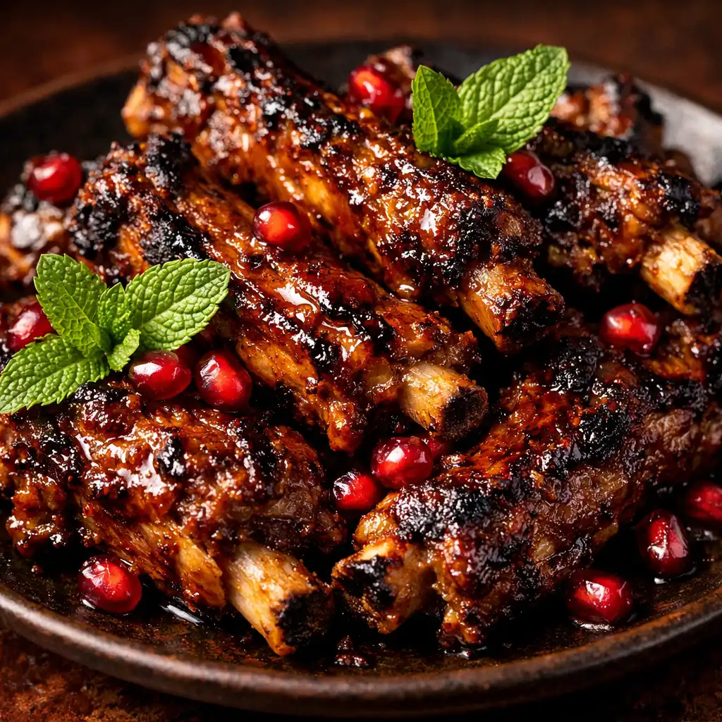 Lamb ribs glazed with pomegranate molasses and mint
