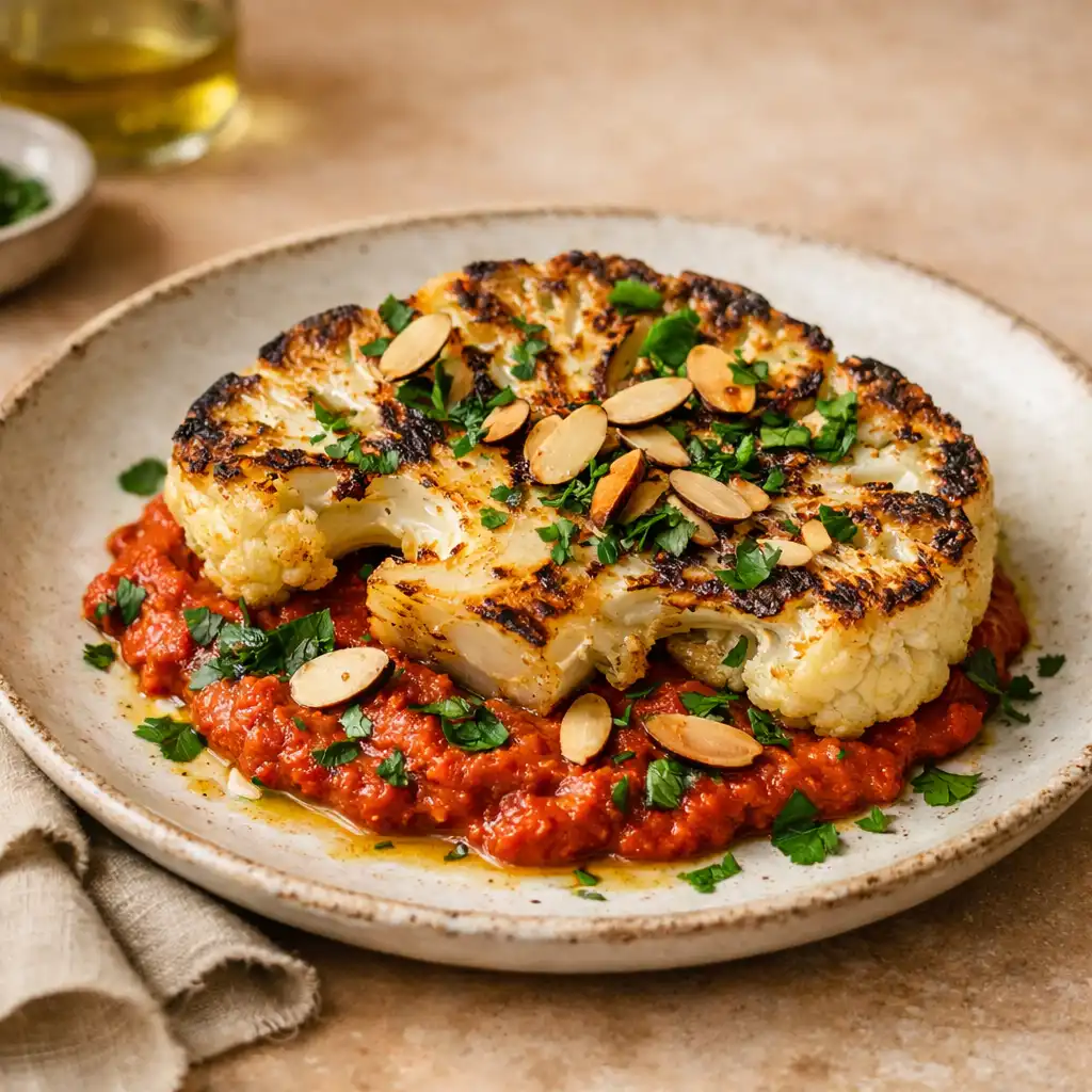 A roasted cauliflower steak with romesco sauce, toasted almonds, and fresh herbs