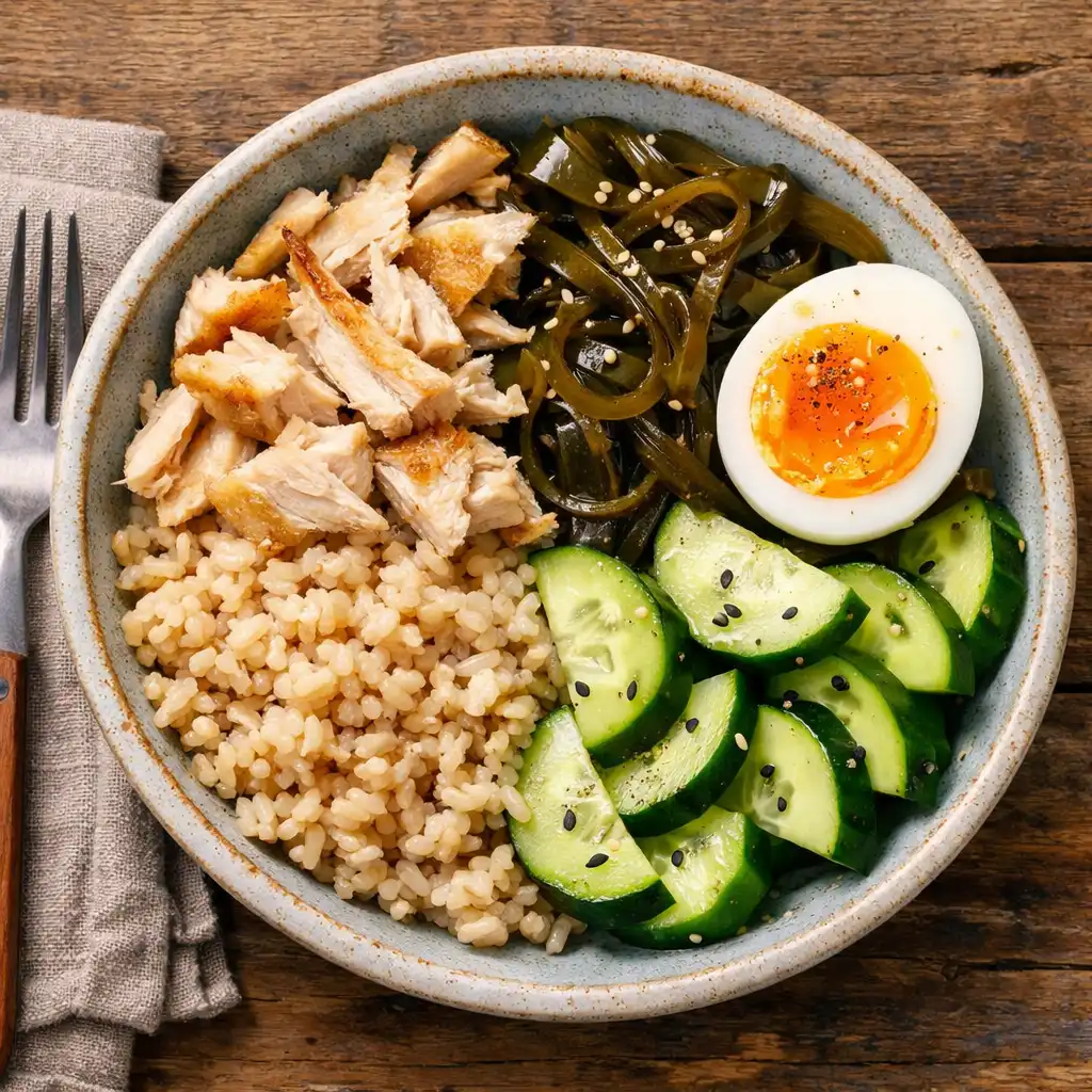 Smoked kahawai bowl with brown rice, pickled kelp, cucumber, and soft egg
