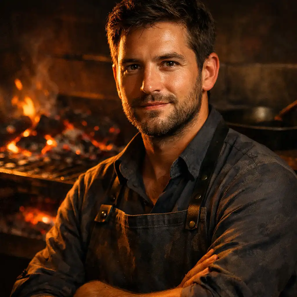 Sous Chef Tom O'Connor standing near the wood-fired grill